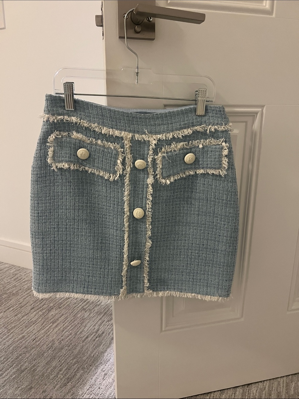 Generation Love Light Blue Tweed Mini Skirt with Frayed Trim